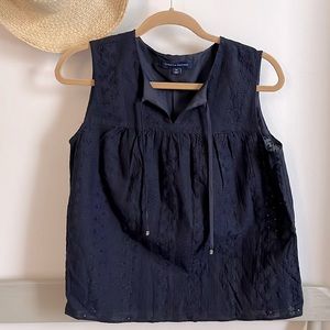 Tommy Hilfiger navy eyelet sleeveless top with tie.